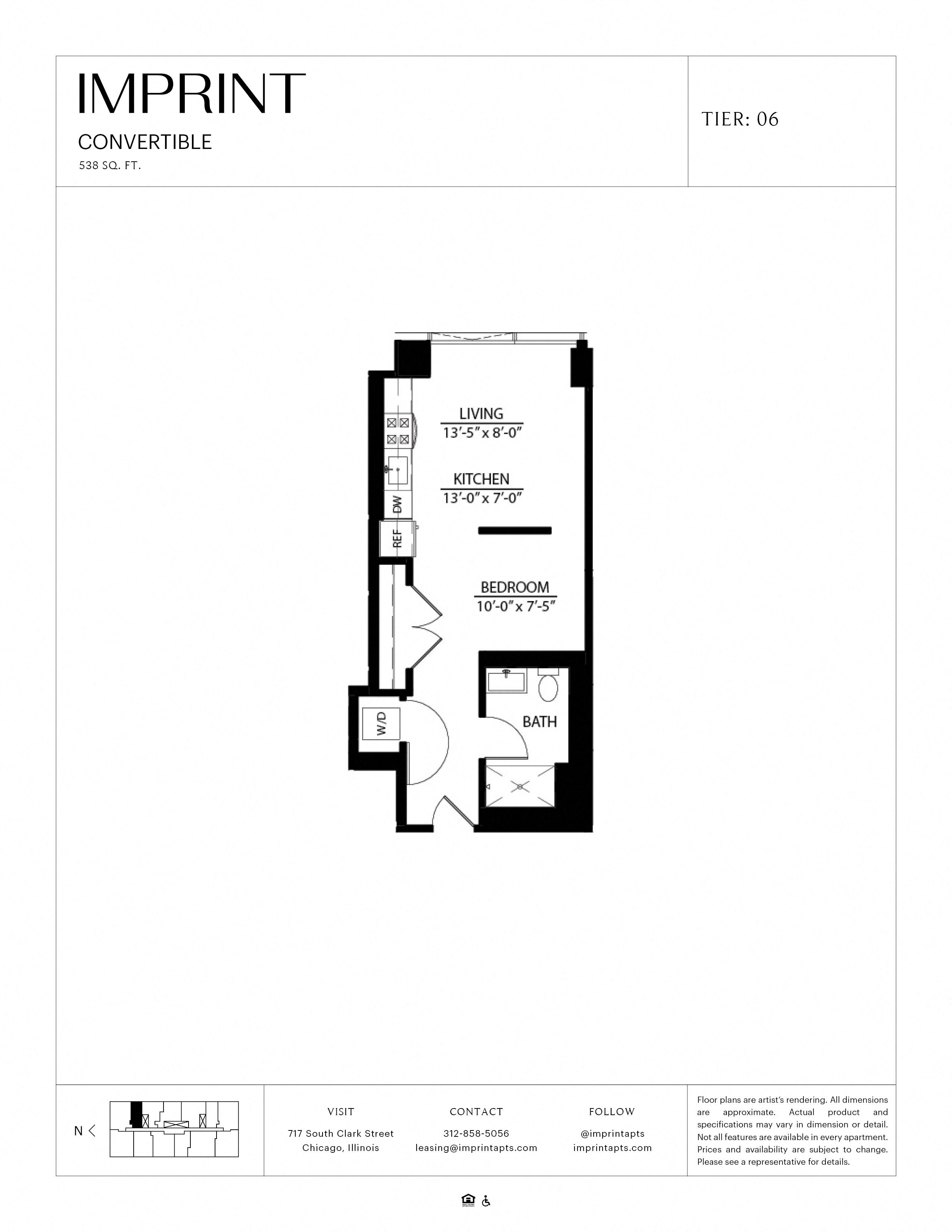 Floor plan for studio, 1 bath, 538 sqft